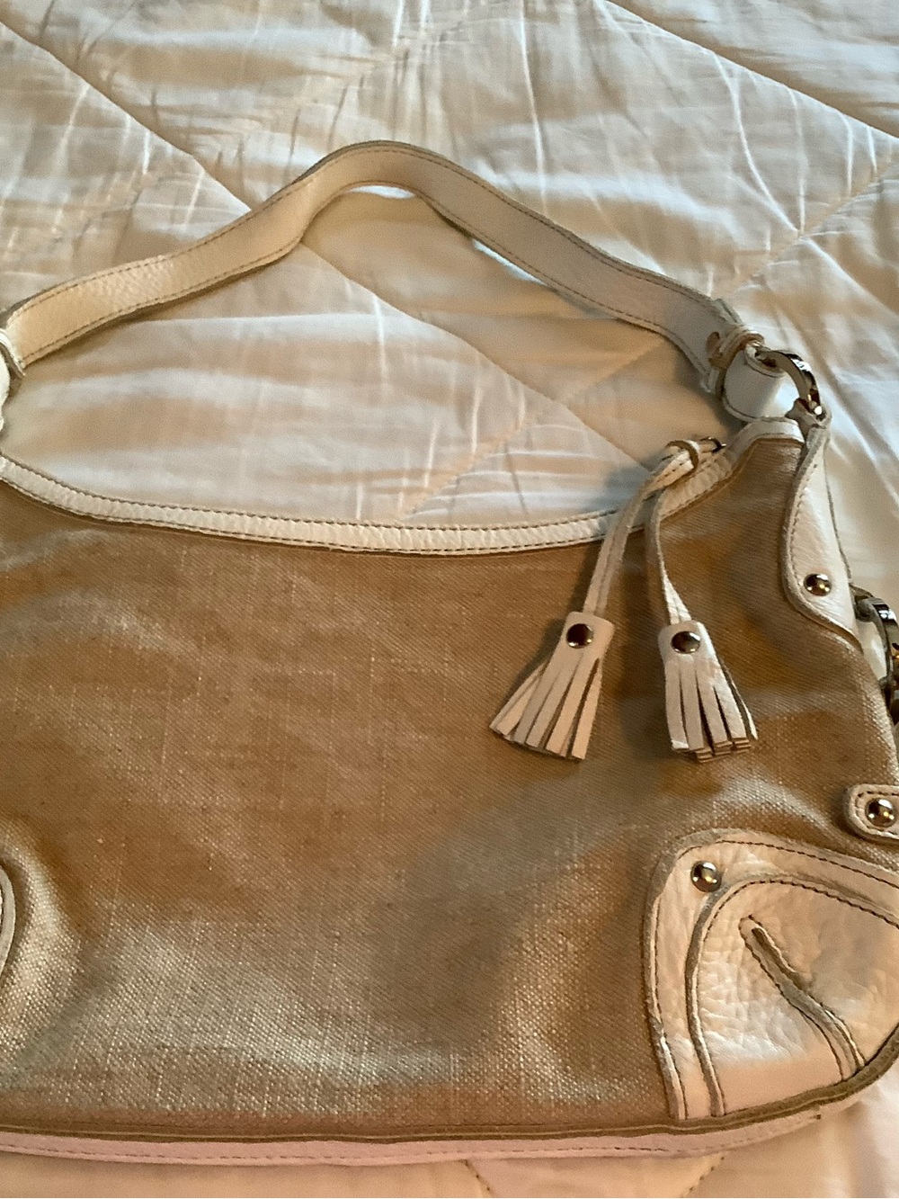 The Sak Beige Canvas Shoulder Bag with White Trim